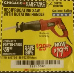 Harbor Freight Coupon 6 AMP HEAVY DUTY RECIPROCATING SAW Lot No. 61884/65570/62370 Expired: 12/3/19 - $19.99