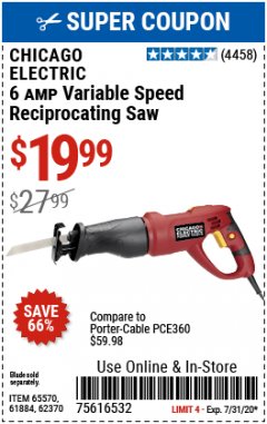 Harbor Freight Coupon 6 AMP HEAVY DUTY RECIPROCATING SAW Lot No. 61884/65570/62370 Expired: 7/15/20 - $19.99