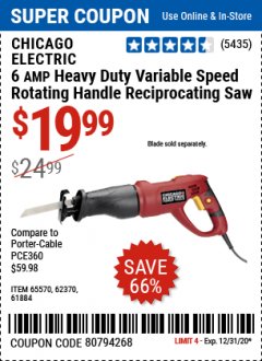 Harbor Freight Coupon 6 AMP HEAVY DUTY RECIPROCATING SAW Lot No. 61884/65570/62370 Expired: 12/31/20 - $19.99