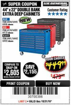 Harbor Freight Coupon 44" X 22" DOUBLE BANK EXTRA DEEP ROLLER CABINETS Lot No. 64444/64445/64446/64441/64442/64443/64281/64134/64133/64954/64955/64956 Expired: 10/31/18 - $449.99
