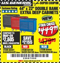 Harbor Freight Coupon 44" X 22" DOUBLE BANK EXTRA DEEP ROLLER CABINETS Lot No. 64444/64445/64446/64441/64442/64443/64281/64134/64133/64954/64955/64956 Expired: 4/1/19 - $449.99