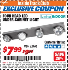 Harbor Freight ITC Coupon 4 HEAD LED UNDER-CABINET LIGHT Lot No. 62902 Expired: 11/30/18 - $7.99