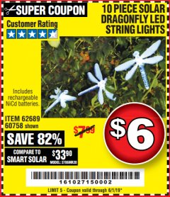 Harbor Freight Coupon 10 PIECE SOLAR DRAGONFLY LED STRING LIGHT Lot No. 62689/60758 Expired: 6/1/19 - $6