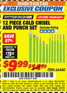 Harbor Freight ITC Coupon 12 PIECE COLD CHISEL AND PUNCH SET Lot No. 66440 Expired: 8/31/18 - $9.99