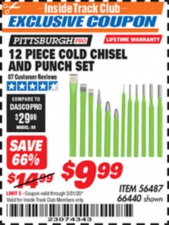 Harbor Freight ITC Coupon 12 PIECE COLD CHISEL AND PUNCH SET Lot No. 66440 Expired: 3/31/20 - $9.99