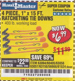 Harbor Freight Coupon 4 PIECE, 1" X 15FT. RATCHETING TIE DOWNS Lot No. 63150/63094/63056/63057/90984/61524 Expired: 12/31/19 - $6.99
