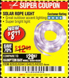 Harbor Freight Coupon SOLAR ROPE LIGHT Lot No. 69297, 56883 Expired: 12/20/18 - $8.99