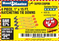 Harbor Freight Coupon 4 PIECE, 1" X 15FT. RATCHETING TIE DOWNS Lot No. 63150/63094/63056/63057/90984/61524 Expired: 12/26/18 - $6.99