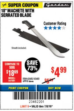 Harbor Freight Coupon 18" MACHETE WITH SERRATED BLADE Lot No. 62682/69910/60641/62683/57951 Expired: 7/8/18 - $4.99