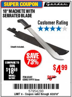 Harbor Freight Coupon 18" MACHETE WITH SERRATED BLADE Lot No. 62682/69910/60641/62683/57951 Expired: 8/20/18 - $4.99