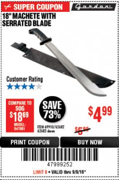 Harbor Freight Coupon 18" MACHETE WITH SERRATED BLADE Lot No. 62682/69910/60641/62683/57951 Expired: 9/9/18 - $4.99