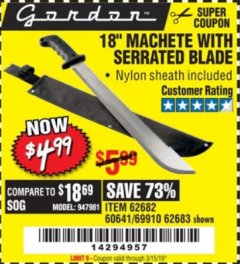 Harbor Freight Coupon 18" MACHETE WITH SERRATED BLADE Lot No. 62682/69910/60641/62683/57951 Expired: 3/15/19 - $4.99