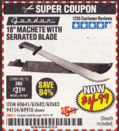 Harbor Freight Coupon 18" MACHETE WITH SERRATED BLADE Lot No. 62682/69910/60641/62683/57951 Expired: 10/31/19 - $4.99
