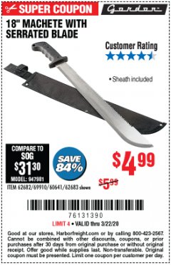 Harbor Freight Coupon 18" MACHETE WITH SERRATED BLADE Lot No. 62682/69910/60641/62683/57951 Expired: 3/22/20 - $4.99