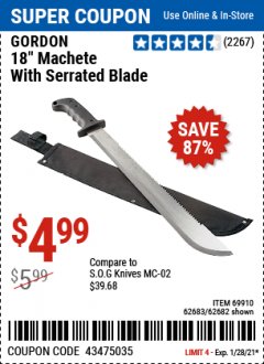 Harbor Freight Coupon 18" MACHETE WITH SERRATED BLADE Lot No. 62682/69910/60641/62683/57951 Expired: 1/28/21 - $4.99