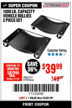 Harbor Freight Coupon 2 PIECE VEHICLE WHEEL DOLLIES 1000 LB. CAPACITY Lot No. 61283/67511 Expired: 12/22/19 - $39.99