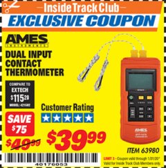Harbor Freight ITC Coupon DUAL INPUT CONTACT THERMOMETER Lot No. 63980 Expired: 1/31/20 - $39.99