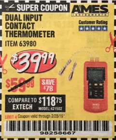 Harbor Freight Coupon DUAL INPUT CONTACT THERMOMETER Lot No. 63980 Expired: 2/28/19 - $39.99