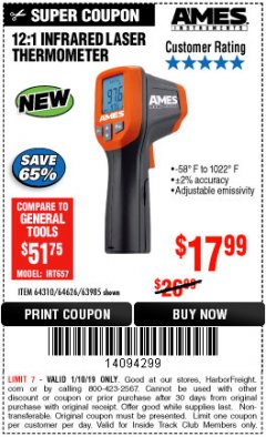 Harbor Freight ITC Coupon 12:1 INFRARED LASER THERMOMETER Lot No. 64310/64626/63985 Expired: 1/10/19 - $17.99