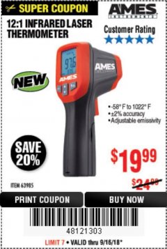Harbor Freight Coupon 12:1 INFRARED LASER THERMOMETER Lot No. 64310/64626/63985 Expired: 9/16/18 - $19.99