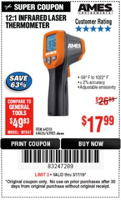 Harbor Freight Coupon 12:1 INFRARED LASER THERMOMETER Lot No. 64310/64626/63985 Expired: 3/17/19 - $17.99