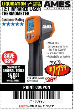 Harbor Freight Coupon 12:1 INFRARED LASER THERMOMETER Lot No. 64310/64626/63985 Expired: 11/10/19 - $17.99