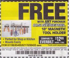 Harbor Freight FREE Coupon 18" MAGNETIC TOOL HOLDER Lot No. 65489/60433/61199/62178 Expired: 6/25/18 - FWP