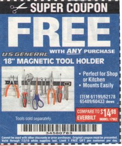 Harbor Freight FREE Coupon 18" MAGNETIC TOOL HOLDER Lot No. 65489/60433/61199/62178 Expired: 7/3/19 - FWP