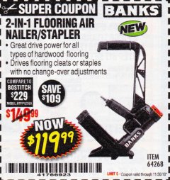 Harbor Freight Coupon 2 IN 1 FLOORING AIR NAILER/STAPLER Lot No. 64268 Expired: 11/30/18 - $119.99