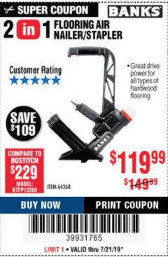 Harbor Freight Coupon 2 IN 1 FLOORING AIR NAILER/STAPLER Lot No. 64268 Expired: 7/21/19 - $119.99