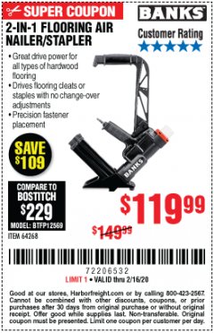 Harbor Freight Coupon 2 IN 1 FLOORING AIR NAILER/STAPLER Lot No. 64268 Expired: 2/16/20 - $119.99