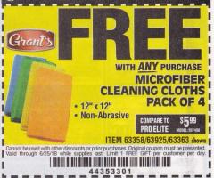 Harbor Freight FREE Coupon MICROFIBER CLEANING CLOTHS PACK OF 4 Lot No. 57162/63358/63925/63363 Expired: 6/25/18 - FWP
