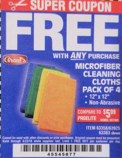 Harbor Freight FREE Coupon MICROFIBER CLEANING CLOTHS PACK OF 4 Lot No. 57162/63358/63925/63363 Expired: 8/23/18 - FWP