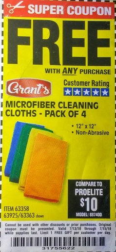 Harbor Freight FREE Coupon MICROFIBER CLEANING CLOTHS PACK OF 4 Lot No. 57162/63358/63925/63363 Expired: 7/15/18 - FWP