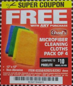 Harbor Freight FREE Coupon MICROFIBER CLEANING CLOTHS PACK OF 4 Lot No. 57162/63358/63925/63363 Expired: 12/21/18 - FWP