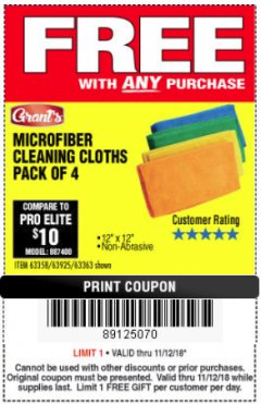 Harbor Freight FREE Coupon MICROFIBER CLEANING CLOTHS PACK OF 4 Lot No. 57162/63358/63925/63363 Expired: 11/18/18 - FWP