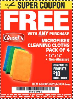Harbor Freight FREE Coupon MICROFIBER CLEANING CLOTHS PACK OF 4 Lot No. 57162/63358/63925/63363 Expired: 6/6/19 - FWP