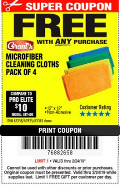 Harbor Freight FREE Coupon MICROFIBER CLEANING CLOTHS PACK OF 4 Lot No. 57162/63358/63925/63363 Expired: 2/24/19 - FWP
