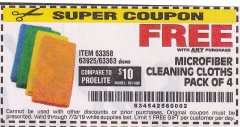 Harbor Freight FREE Coupon MICROFIBER CLEANING CLOTHS PACK OF 4 Lot No. 57162/63358/63925/63363 Expired: 7/3/19 - FWP