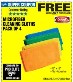 Harbor Freight FREE Coupon MICROFIBER CLEANING CLOTHS PACK OF 4 Lot No. 57162/63358/63925/63363 Expired: 10/4/19 - FWP