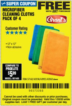 Harbor Freight FREE Coupon MICROFIBER CLEANING CLOTHS PACK OF 4 Lot No. 57162/63358/63925/63363 Expired: 1/20/20 - FWP
