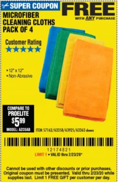 Harbor Freight FREE Coupon MICROFIBER CLEANING CLOTHS PACK OF 4 Lot No. 57162/63358/63925/63363 Expired: 2/23/20 - FWP
