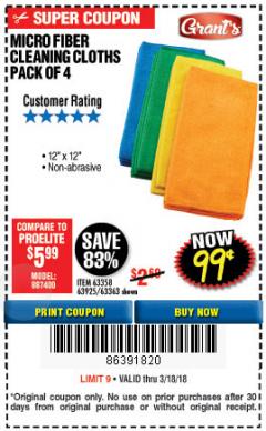 Harbor Freight Coupon MICROFIBER CLEANING CLOTHS PACK OF 4 Lot No. 57162/63358/63925/63363 Expired: 3/18/18 - $0.99