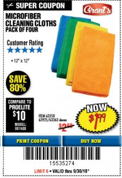 Harbor Freight Coupon MICROFIBER CLEANING CLOTHS PACK OF 4 Lot No. 57162/63358/63925/63363 Expired: 9/30/18 - $1.99