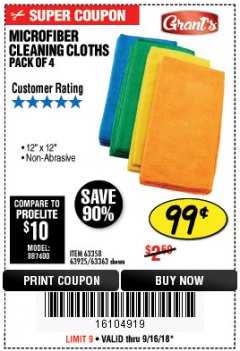 Harbor Freight Coupon MICROFIBER CLEANING CLOTHS PACK OF 4 Lot No. 57162/63358/63925/63363 Expired: 9/16/18 - $0.99