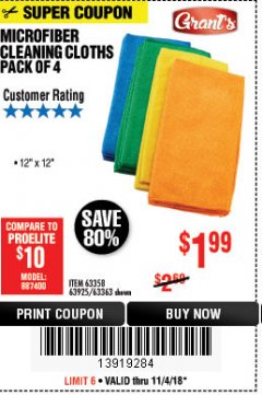 Harbor Freight Coupon MICROFIBER CLEANING CLOTHS PACK OF 4 Lot No. 57162/63358/63925/63363 Expired: 11/4/18 - $1.99
