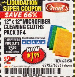 Harbor Freight Coupon MICROFIBER CLEANING CLOTHS PACK OF 4 Lot No. 57162/63358/63925/63363 Expired: 5/31/19 - $1.99