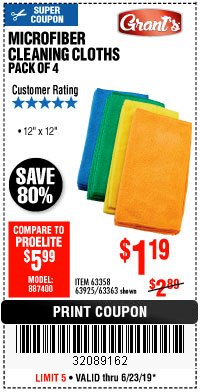 Harbor Freight Coupon MICROFIBER CLEANING CLOTHS PACK OF 4 Lot No. 57162/63358/63925/63363 Expired: 6/23/19 - $1.19