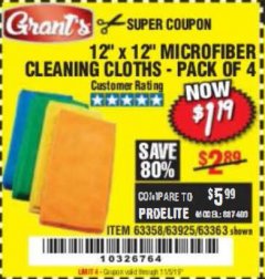 Harbor Freight Coupon MICROFIBER CLEANING CLOTHS PACK OF 4 Lot No. 57162/63358/63925/63363 Expired: 11/5/19 - $1.19