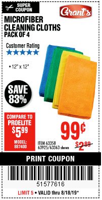 Harbor Freight Coupon MICROFIBER CLEANING CLOTHS PACK OF 4 Lot No. 57162/63358/63925/63363 Expired: 8/18/19 - $0.99